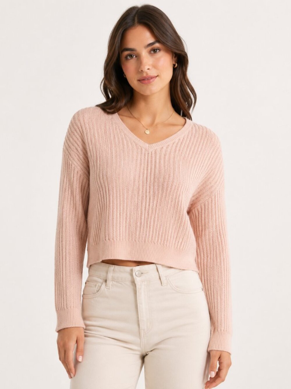 Marled Reunited Blush Pink Metallic Gold Open Knit V-Neck Sweater Size M